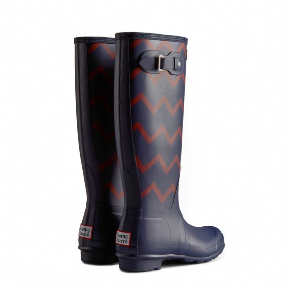 Hunter Original Rowing Plazer Tall Rb Zigzag In Maritime Blue Sundried Red 7 - Picture 6 of 12